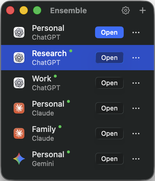 The Ensemble window listing six profiles — Personal, Research and Work on ChatGPT, Personal and Family on Claude, and Personal on Gemini — with green dots marking the ones currently running.